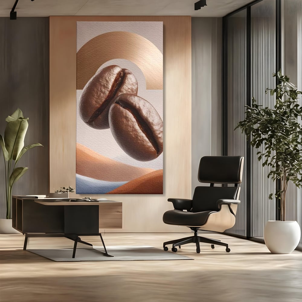 Tablou canvas cu tablou canvas cu boabe de cafea, fara rama, pe sasiu de lemn, pe perete intr-un birou